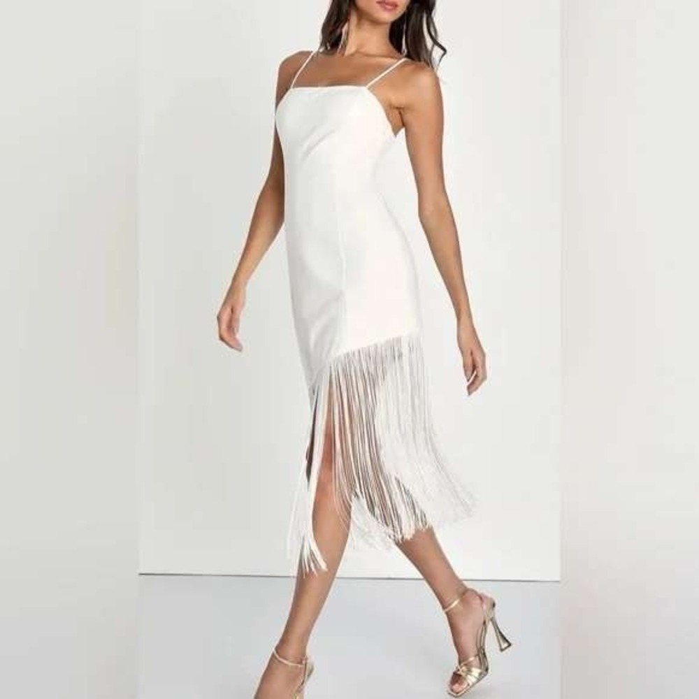 Lulus Famous Love White Sleeveless Fringe‎ Bodycon Midi Dress Size XS NEW